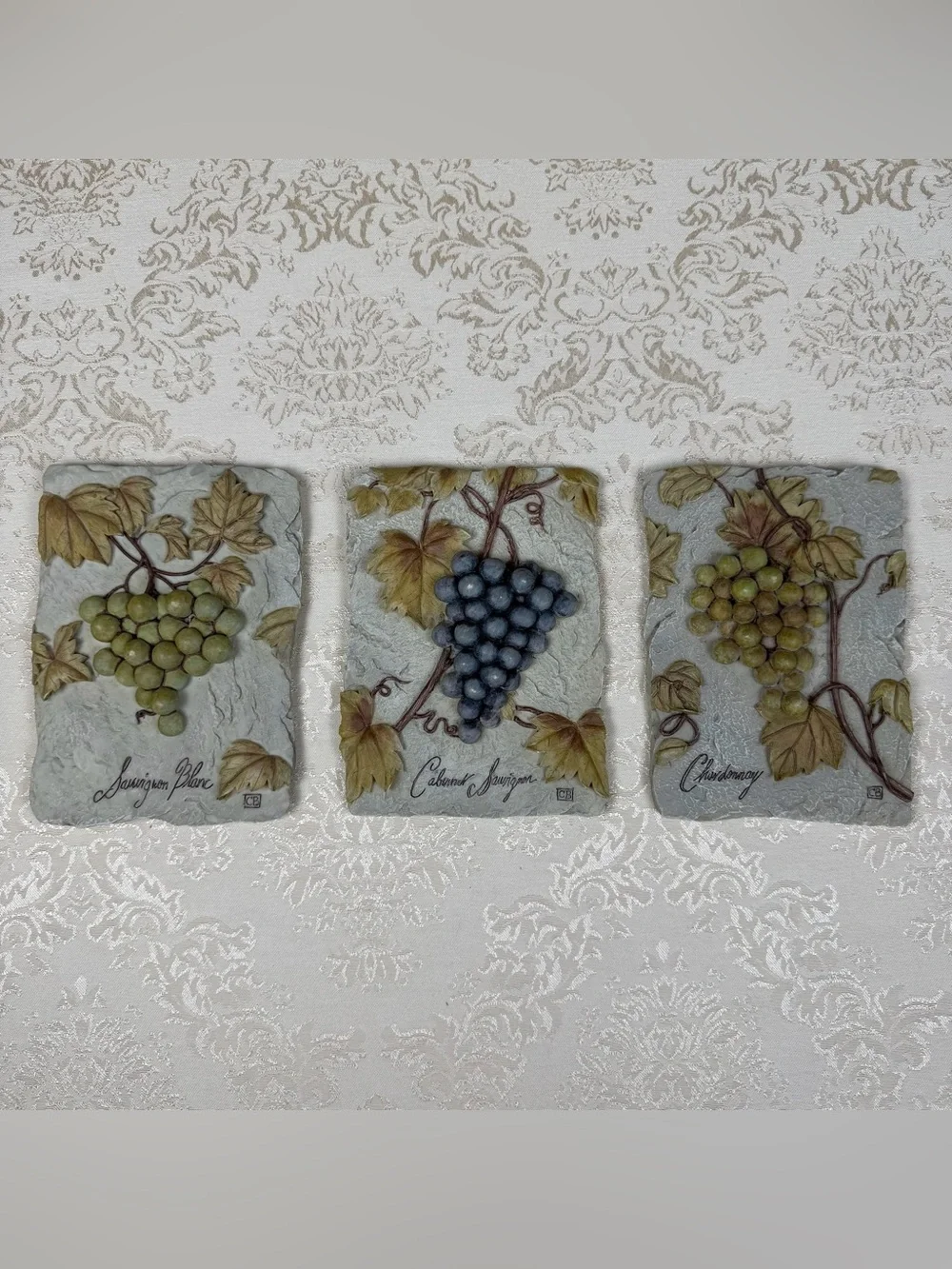 Grapevine Resin Wall Plaque Trio, Signed CB, Wine, Fancy